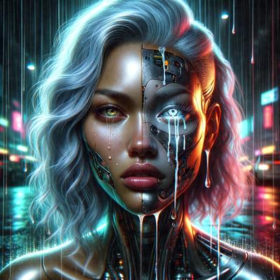 The primary subject of the image is a woman with a mix of human and robotic features. She has a human face with a tear, and her eyes are glowing yellow. However, her body is covered in robotic parts, giving her a unique and futuristic appearance. The setting is a rainy city street, with a backdrop of buildings and a car visible in the background. The visual style of the image is a digital art or illustration, creating a surreal and intriguing scene. The dominant colors in the image are blue and yellow, with the blue representing the rain and the yellow representing the glowing eyes. The overall atmosphere of the image is mysterious and thought-provoking.